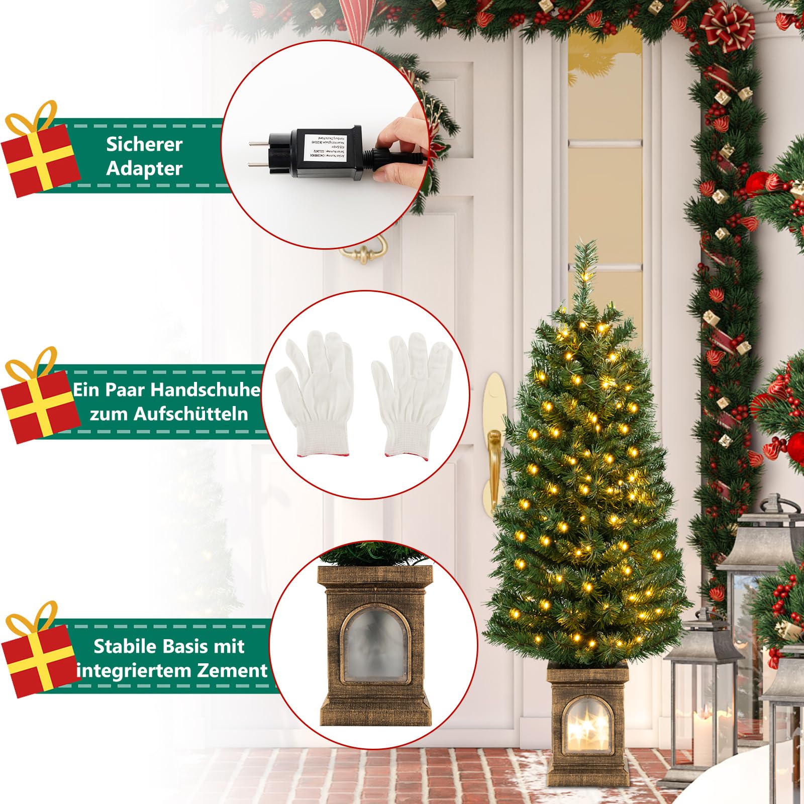 COSTWAY 120 cm künstlicher Weihnachtsbaum mit Beleuchtung, Tannenbaum im Topf, 3 Lichtmodi, mit warmweißen LED-Lichtern & Timer & 160 PVC Zweigspitzen, Christbaum Topfbaum für Eingang Haus Büro, Grün