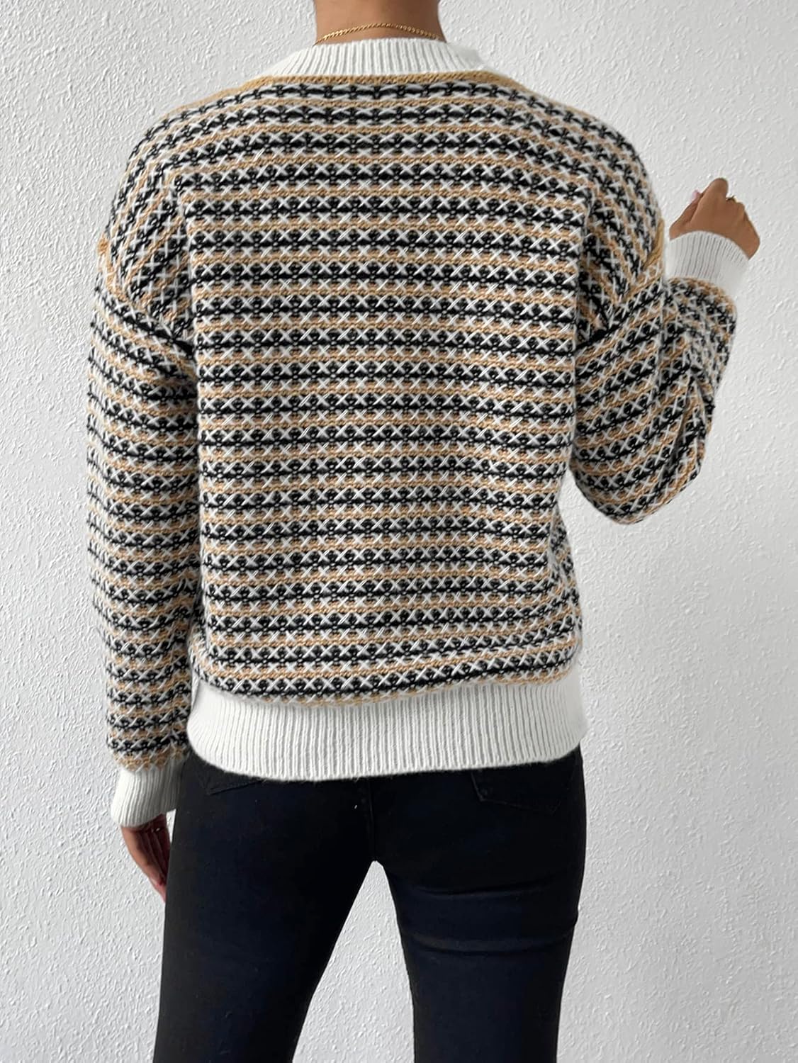 Women's Sweater Stripe Pattern Contrast Trim Drop Shoulder Sweater Sweater for Women (Color : Multicolor, Size : Medium)