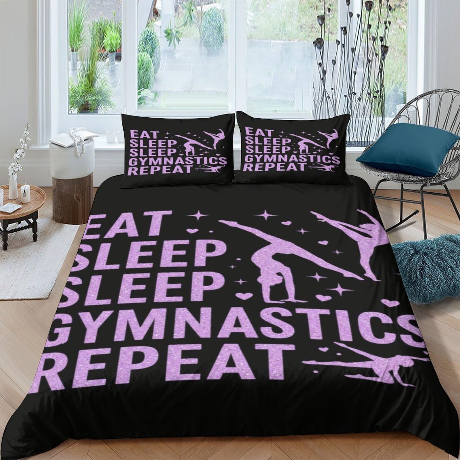 Ctjqhvkz Style-4 3D Printed Gymnast Silhouette Fitted Sheet Microfiber Black Purple Eat Sleep Repeat Bed Cover For Bedroom Dorm Decor Single（135X200cm）