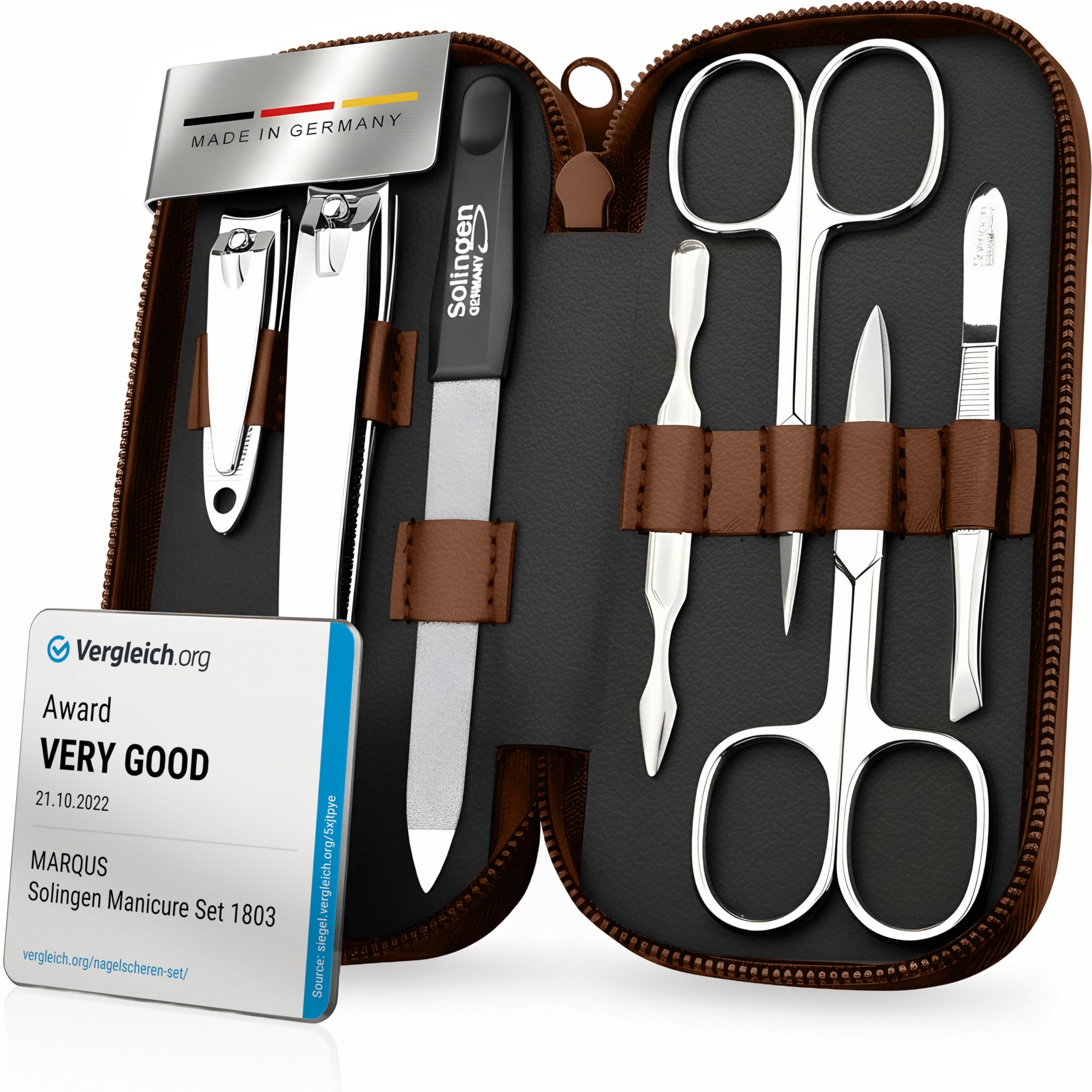 Solingen Manicure Set for Women & Men - Comparison Winner with Top Price/Performance Ratio - Handy and Soft Case - 7-Piece Grooming Kit, Brown