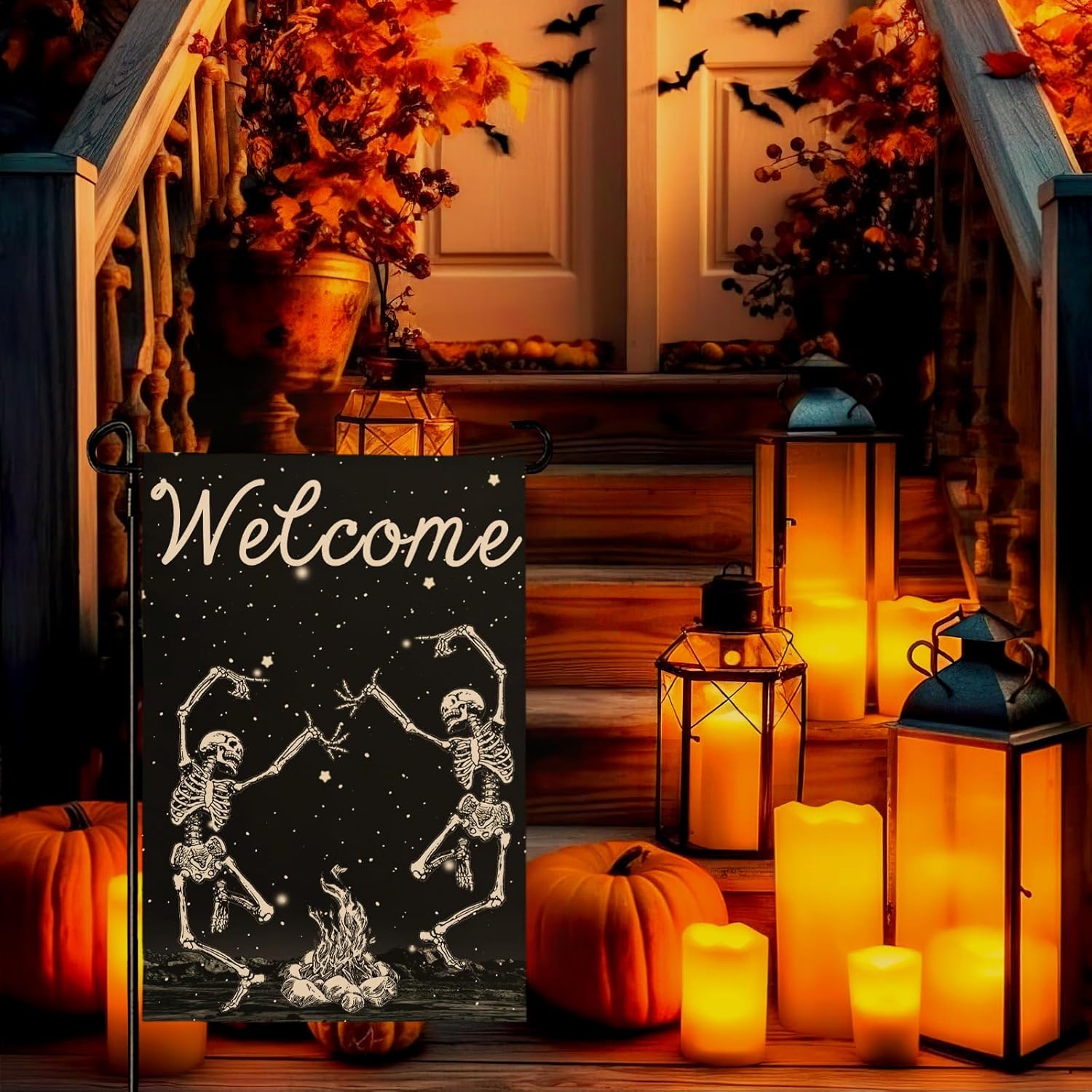 Halloween Skull Welcome Garden Flags 12 x 18 Inch Dancing Human Skeletons Garden Flag for Outside Black Yard Flags Double Sided for Lawn Outdoor Decorations - Image 4