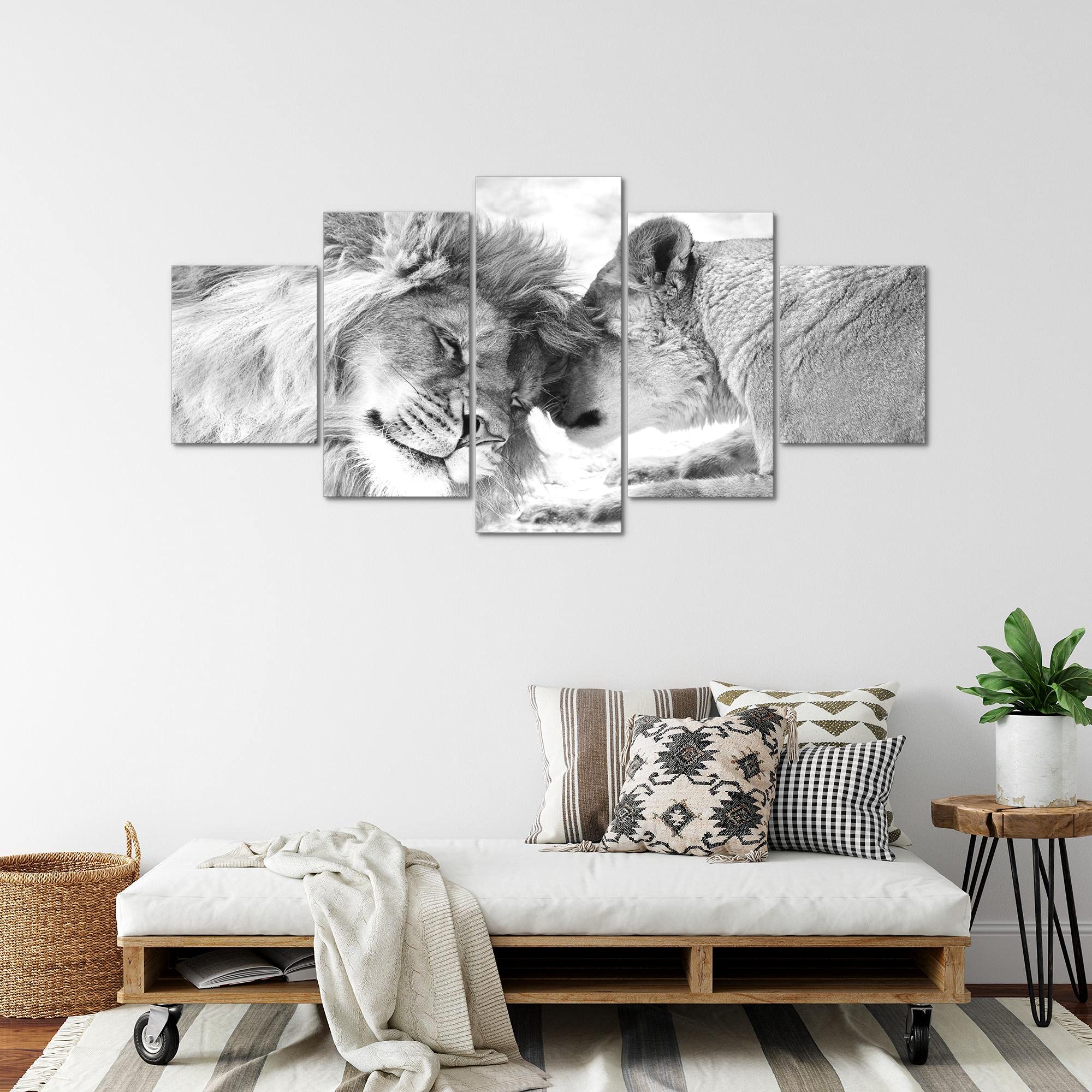 Runa Art - Quadri Leoni Amore 200 x 100 cm 5 Pezzi XXL Decorazione Murale Design Bianco E Nero 002151c