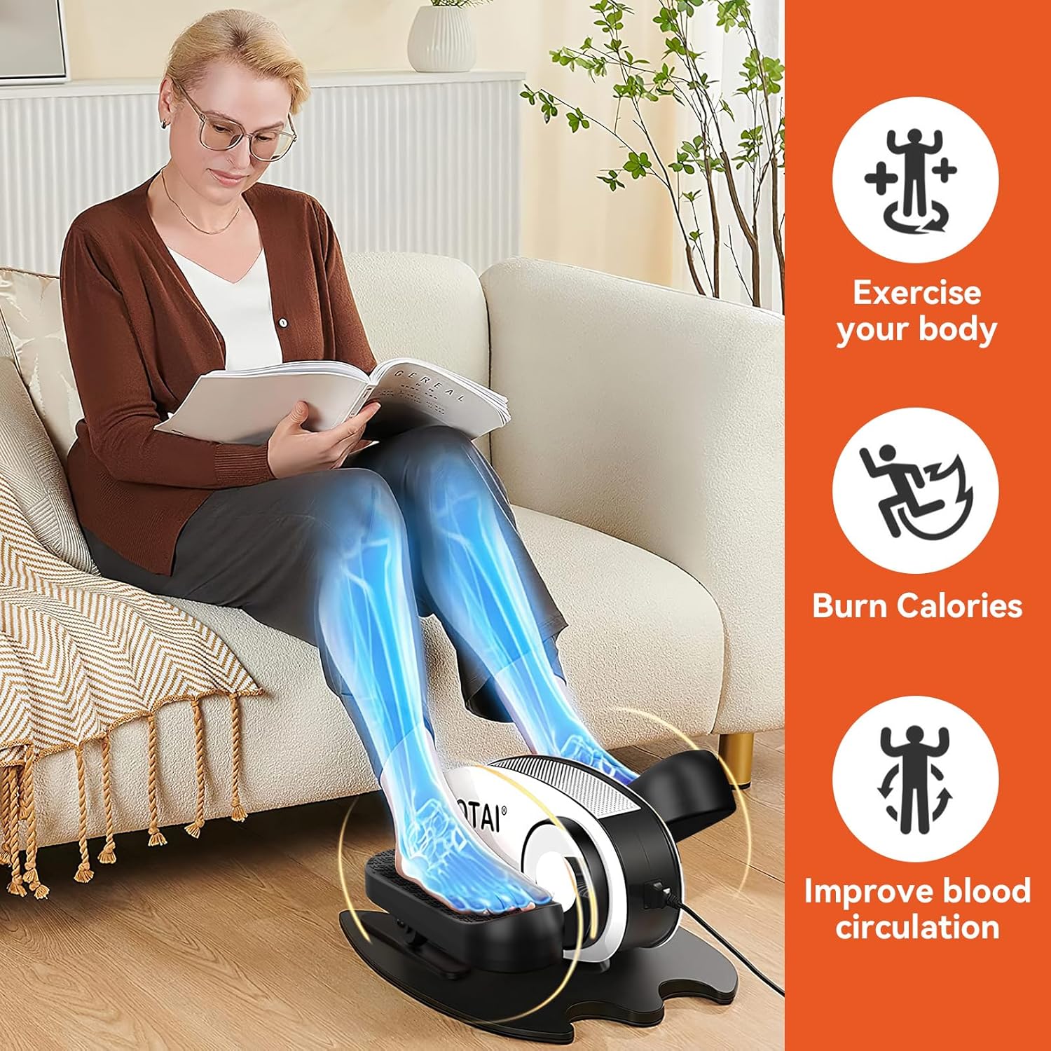 Woman using the elliptical while seated, showing benefits