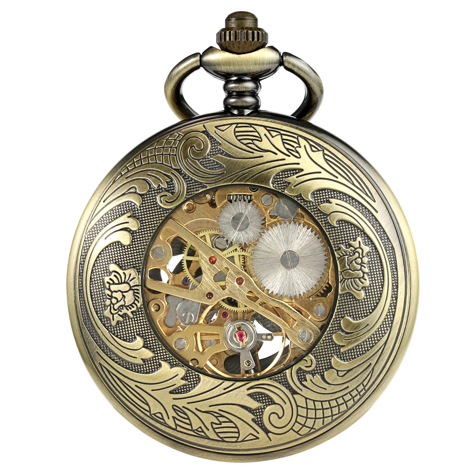 TREEWETO Mechanische Bronze-Taschenuhr für Herren, Glücks-Pfau, Skelett-Taschenuhr, antikes römisches Zifferblatt, mit Kettenbox, bronze
