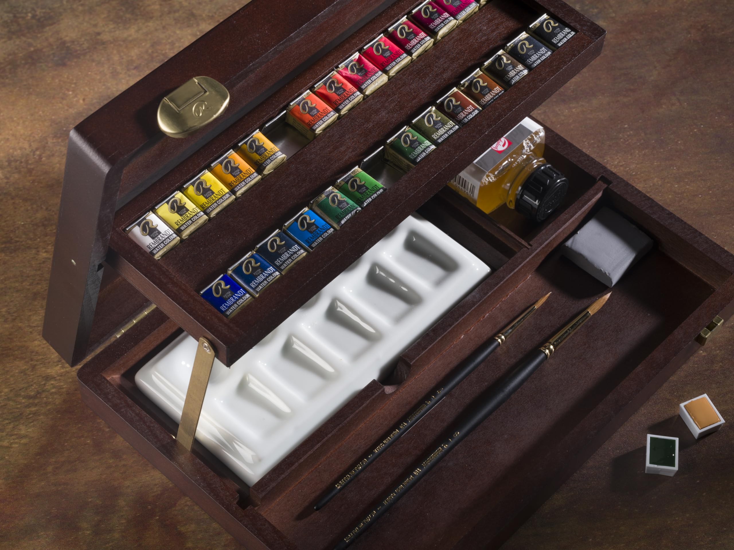 Rembrandt Aquarellfarben Holzkasten Profi-Set, 28 Töpfe + 7 Zubehörteile, Allgemeine Farbauswahl
