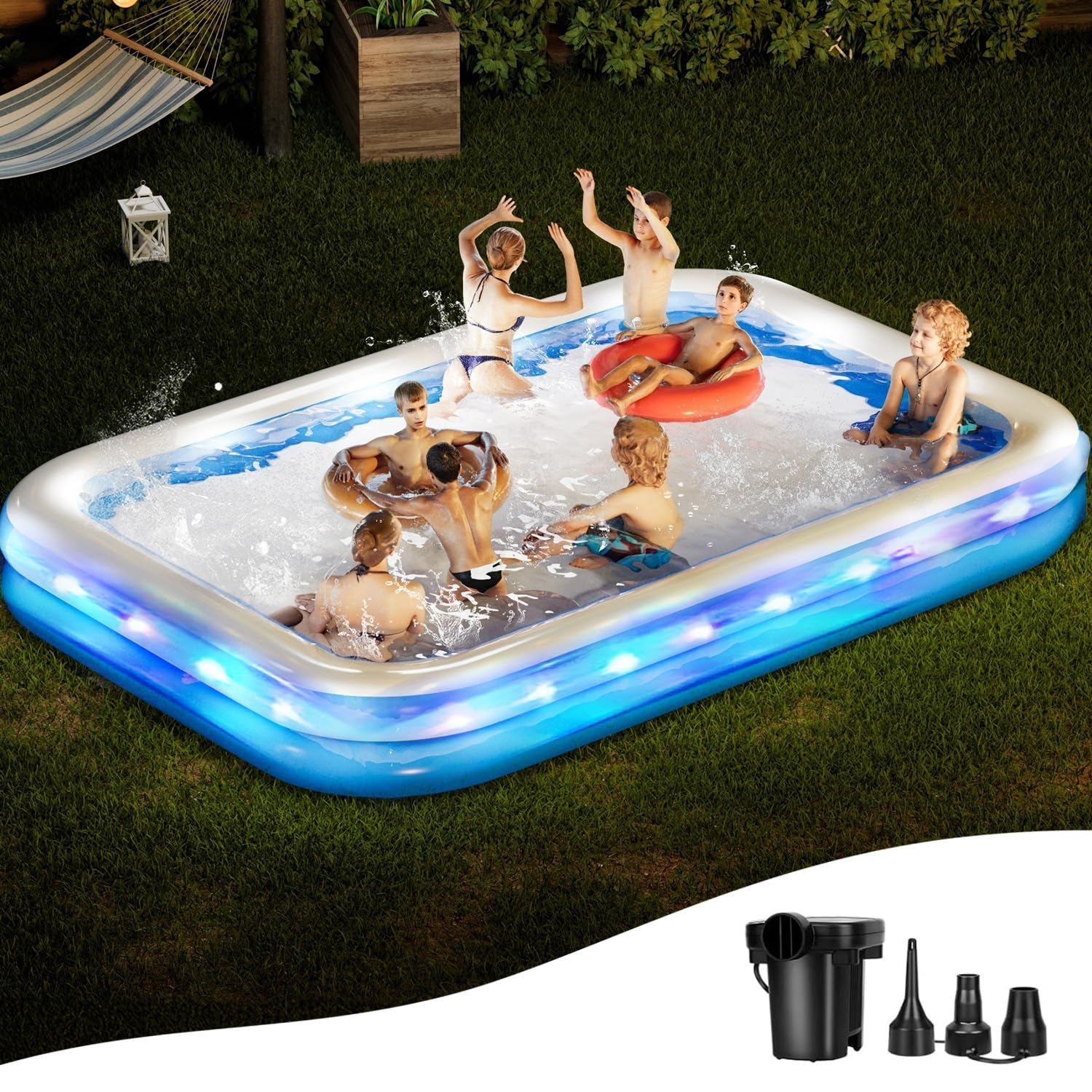 Large Inflatable Pool with Lights, 118