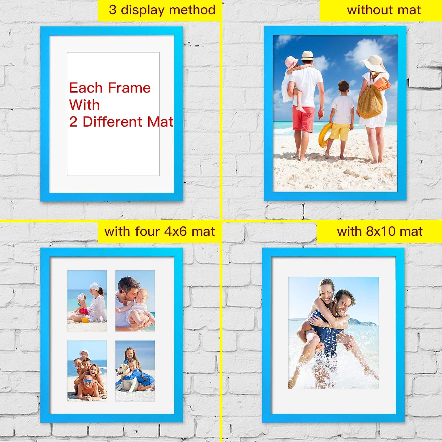 BAIJIALI 11x14 Picture Frame Rustic Wood Pattern Set of 5 with Tempered Glass,Display Photos 8x10 with Mat or 5x7 Without Mat, Horizontal and Vertical Formats for Wall and Table Mounting,Blue