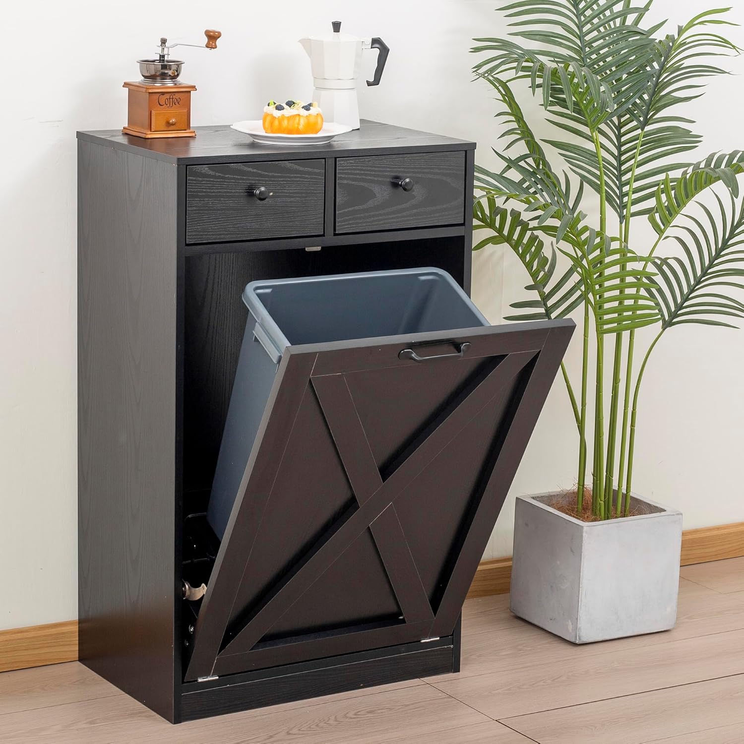 13 Gallons Tilt Out Trash Cabinet, Hidden Trash Can Cabinet Wooden Free Standing Kitchen Trash Recycling Cabinet with Drawer for Kitchen (Black)