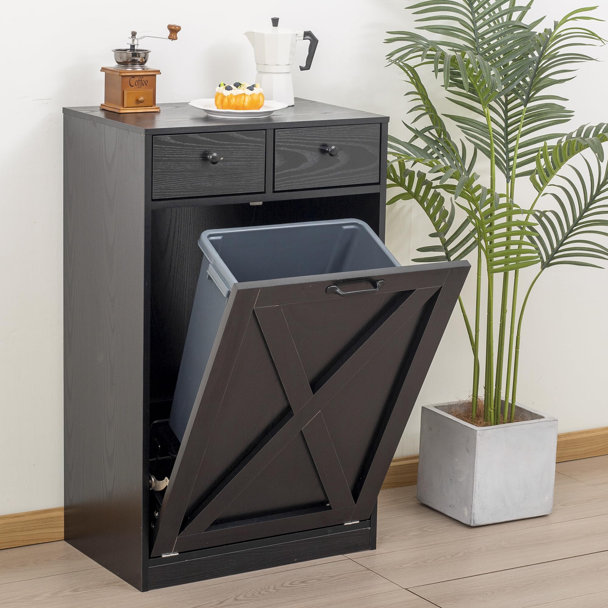 TDLEAYYD 13 Gallons Tilt Out Trash Cabinet, Hidden Trash Can Cabinet Wooden Free Standing Kitchen Trash Recycling Cabinet with Drawer for Kitchen (