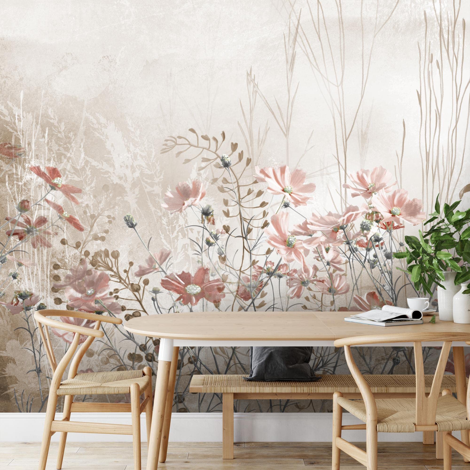 Runa Art Fototapete Blumenwiese Vintage 352 x 250 cm Vlies Tapeten XXL Moderne Wandtapete Wohnzimmer Schlafzimmer Beige 9564011a