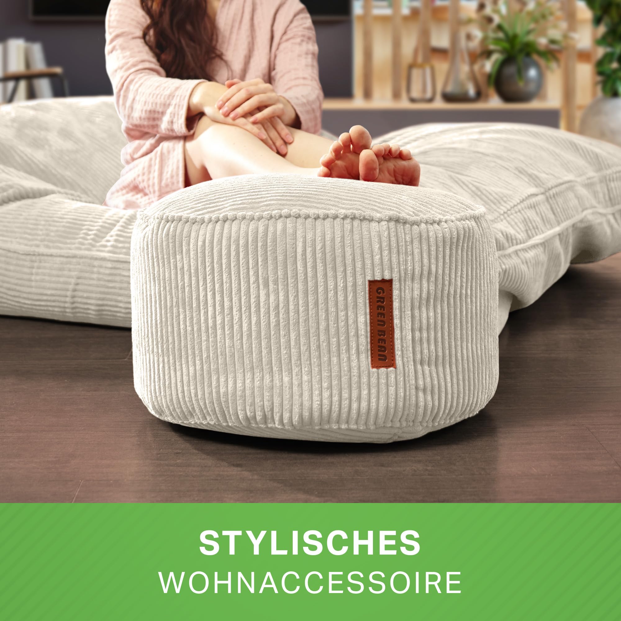 Green Bean Indoor Cord Sitzhocker Pouf Stay 45x25cm mit EPS-Perlen Füllung - kuschelig weich waschbar - die ideale Ergänzung zum Sitzsack für Kinder & Erwachsene - Beige