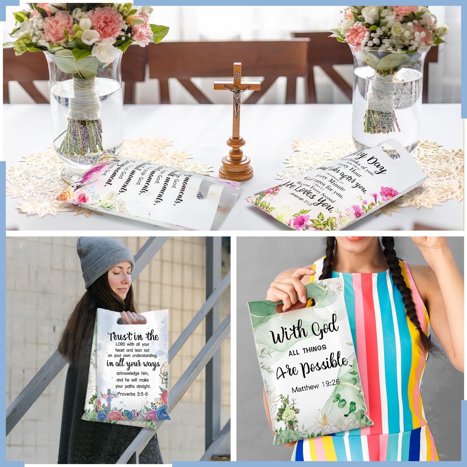 Yinder 60 Pcs Christian Gift Bags with Handles for Women Religious Plastic Bag with Bible Verse Bulk for Church Religious Christian Gifts Inspirational Flower Pouches for Women Party Favor Church