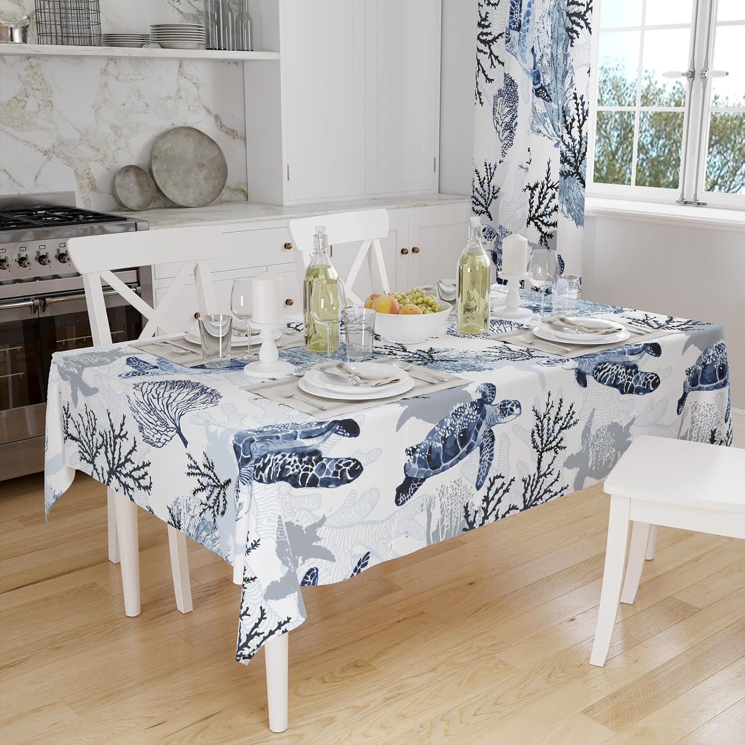 Coastal Nautical Rectangle Tablecloth Ocean Themed Beach Decorative Waterproof Sea Turtle Table Covers for Dining Room Kitchen Living Room, 60x84 Inches