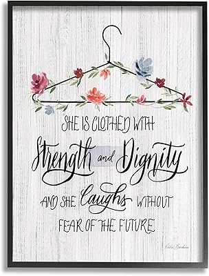 Stupell Industries Clothed with Strength Dignity Chic Motivational Laundry Phrase Black Framed Wall Art, Grey