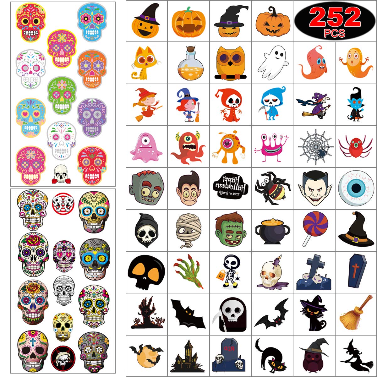 Halloween Temporary Tattoos for Kids, 252 PCS Halloween Tattoos Stickers for Halloween Makeup Party Favors Halloween Party Supplies, Waterproof Cute Pumpkin Witch Sugar Skull Tattoos