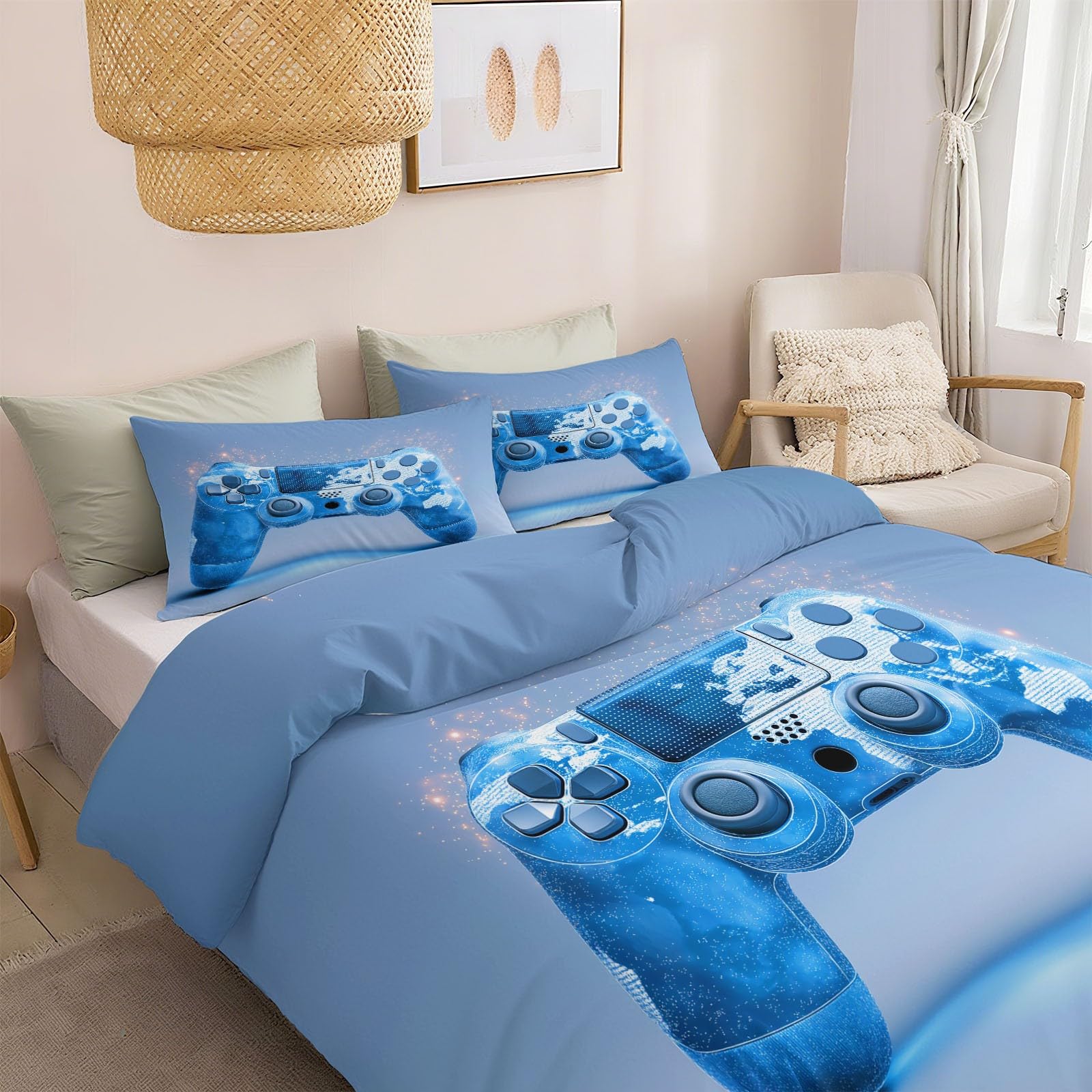 Juego de Funda Nórdica Cama 105/135 de 3 Piezas - Funda Edredon Doble Azul Oscuro Reversible, Funda Nordica Minimalista Mando De Videojuegos Dibujos Animados para Adolescentes Niña Niño 200 x 200 cm