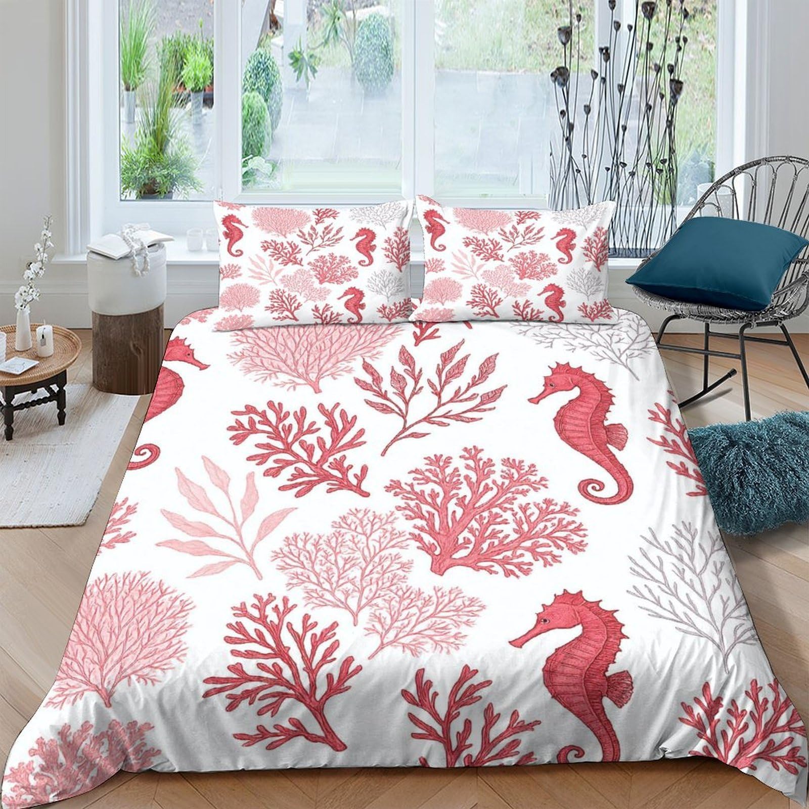 Ctjqhvkz Style-1 3D Printed Coral Reef Fitted Sheet Microfiber Soft Pink Seahorse Mattress Cover For Bedroom Guest Room Easy Care Decor Single（135X200cm）