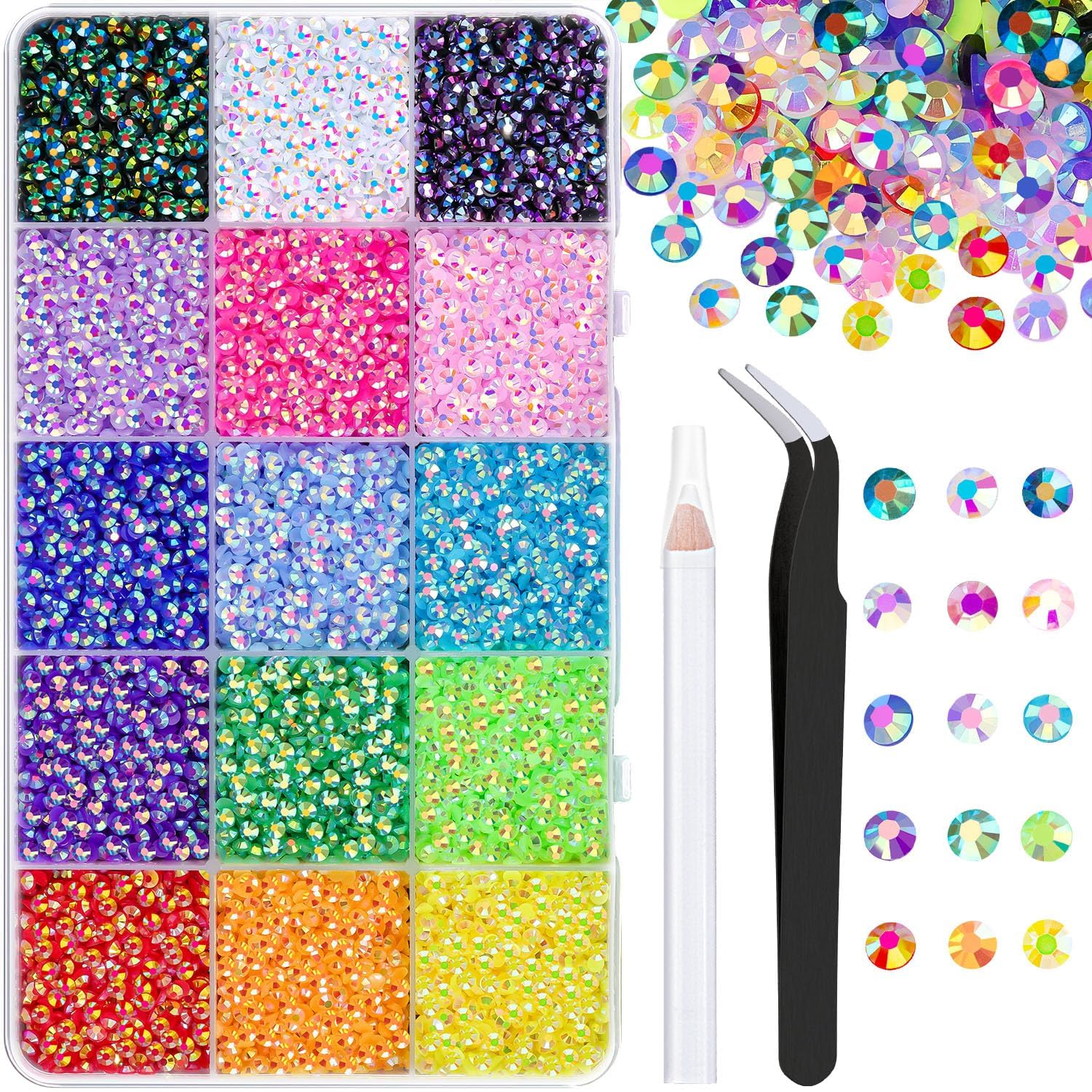 Rhinestones Bedazzling Kit Rhinestones – 15 Grids Rhinestone with Point Drill Pen & Tweezers for DIY Nail Art Decoration-image-13