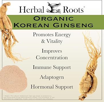 Herbal Roots Panax Ginseng | Organic Korean Ginseng Root Powder | 1000mg | High Ginsenosides for Energy & Performance | 60 Vegan Capsules