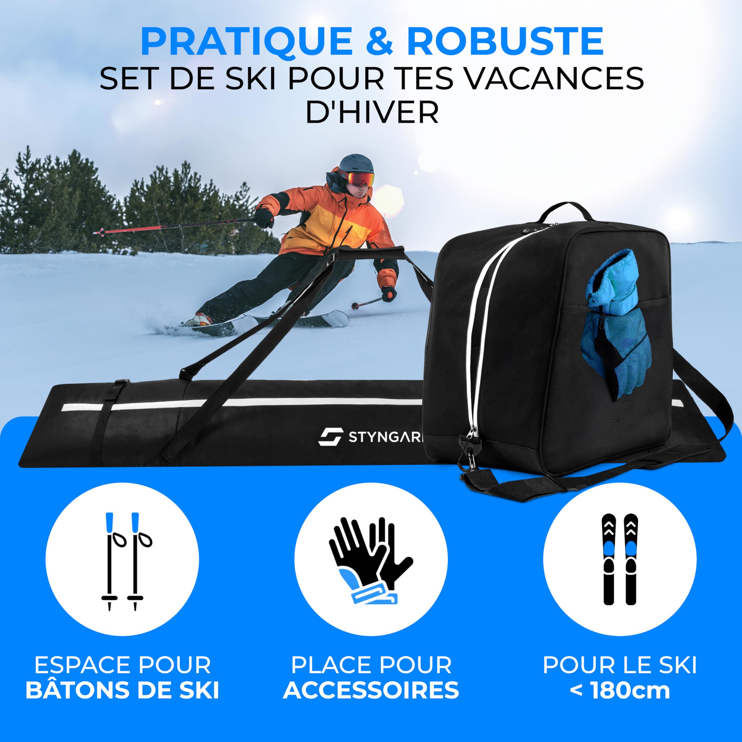 STYNGARD Set Housse à Skis [à 180 cm] et Sac à Chaussures de Ski [38 L] Housse Ski et Chaussures Modèle Courchevel