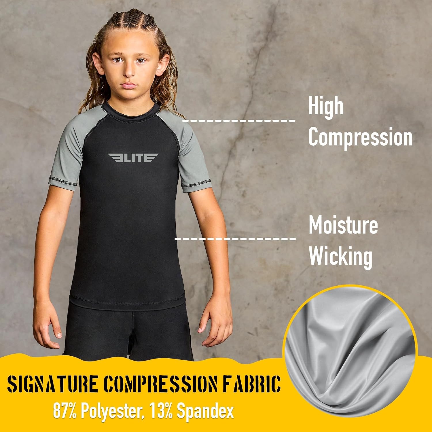Elite Sports Kids Jiu Jitsu BJJ Rash Guard, Short Half Sleeve Compression Shirt for Youth Boys Girls Sports Nogi Training image 3