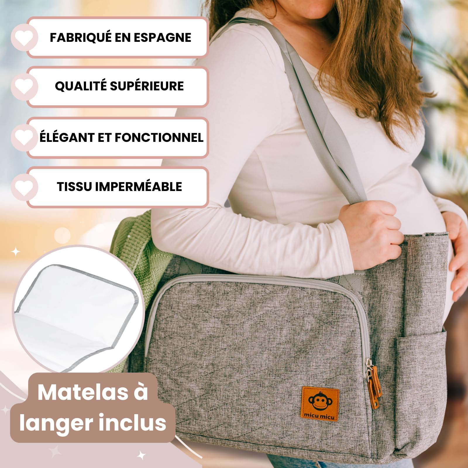 Sac à Langer Bébé, Organisateur Poussette avec Matelas à Langer pour Bébé, Grande Capacité, Sac Poussette Imperméable, 50x14x30 cm