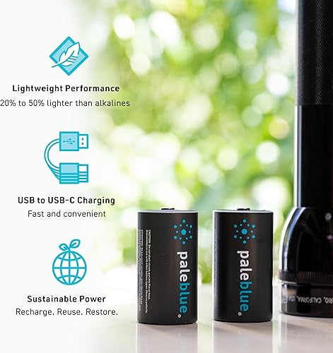 Miniatura 3 de Pale Blue - Baterías recargables D con cargador USB, iones de litio de 1.5 V 5000 mAh, se cargan menos de 7 horas, más de 1000 ciclos, cable de