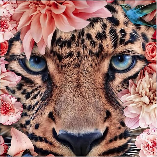 AIRDEA 5D Tiger Diamond Painting Kits for Adults DIY Round Diamond Painting Kit Full Drill Pink Flowers Diamond Art Kits for Kids Animal Diamond Painting Art for Home Wall Decor 13.8x13.8in(35x35cm)