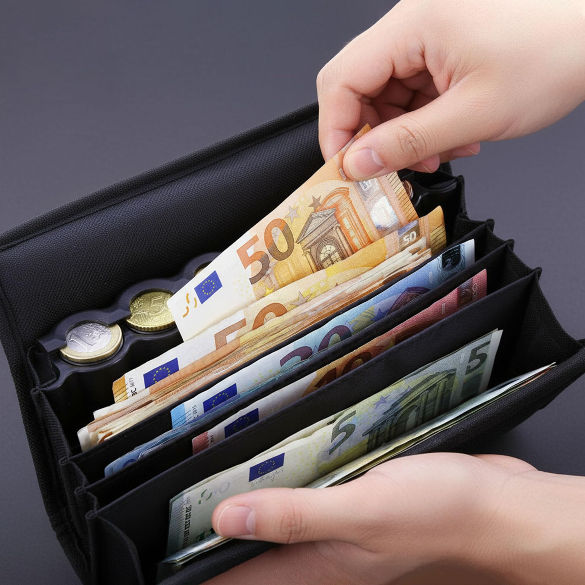 Sac banane de serveur avec trieur de pièces en euros à 8 tubes, sac ceinture à rabat et ceinture réglable pour chauffeurs de bus/livreurs/taxi, professionnels du transport, restauration et commerciaux