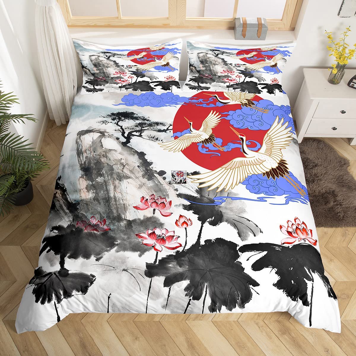 Parure de lit japonaise Ukiyoe avec housse de couette King Size