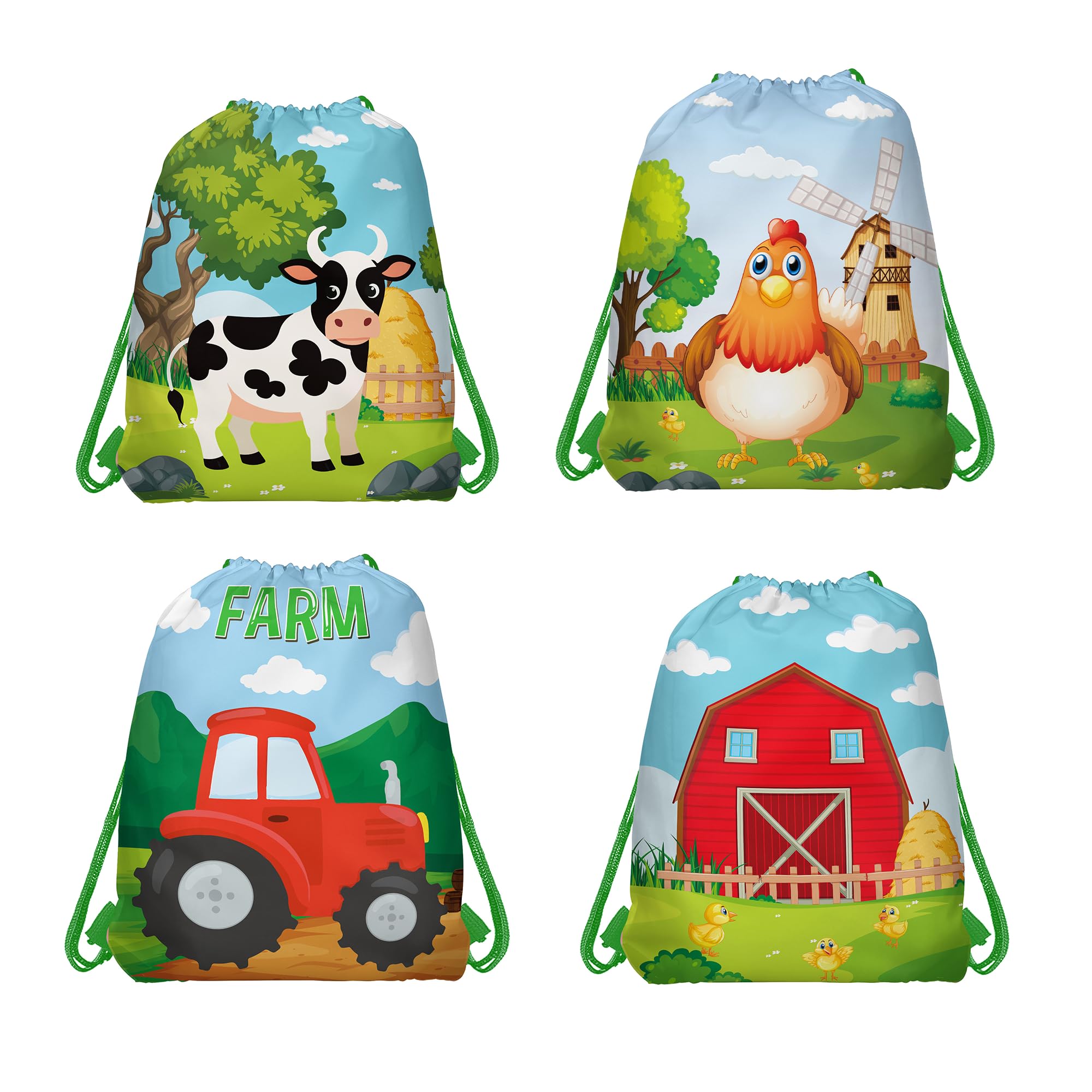 CC HOME 12Pcs Farm Animals Drawstring Bags, Cow Chicken Car House Treat Bags, Animal Theme Favor Bags for Baby Shower Kids Girls Boys Birthday Decorations 10.6 x 13.4 inch