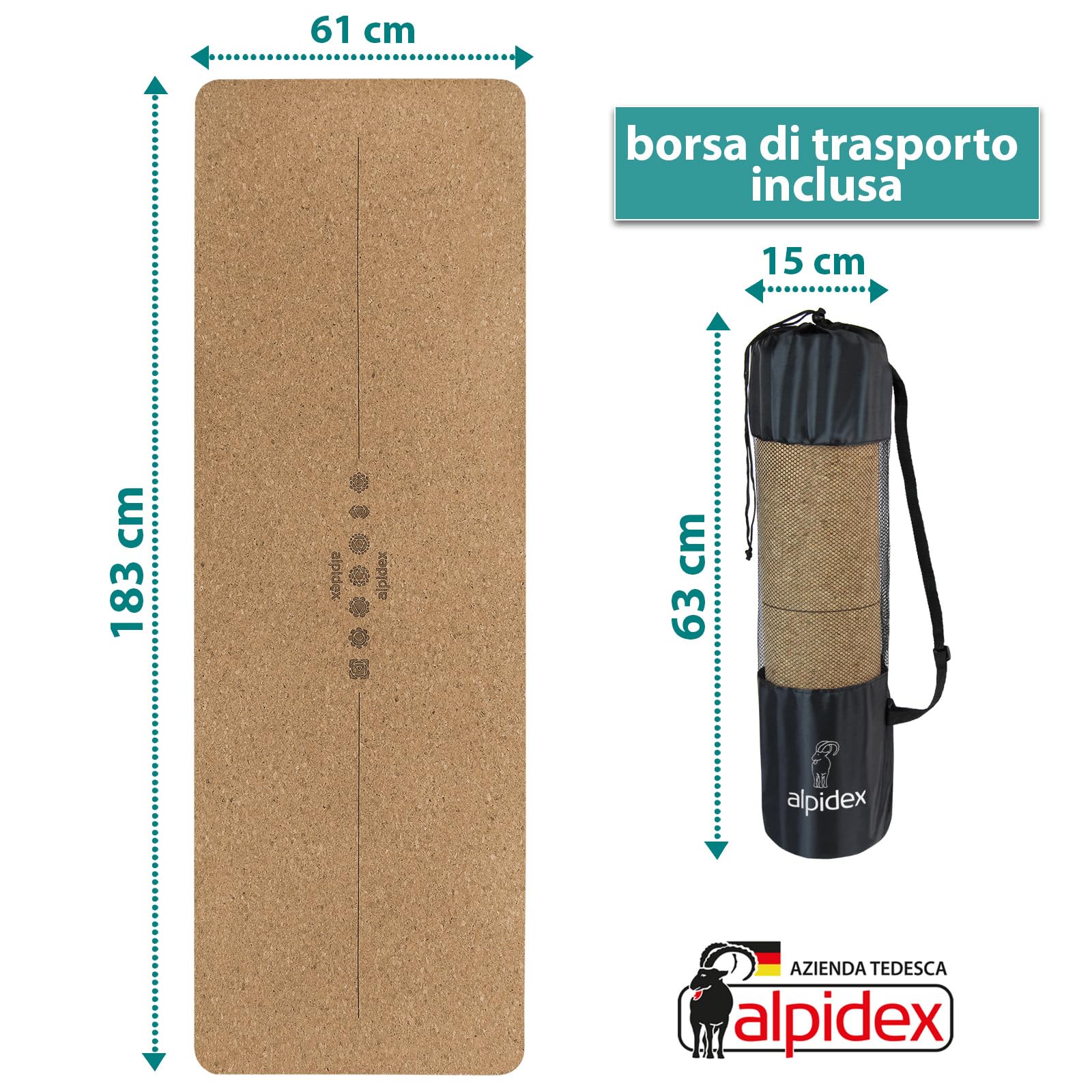 ALPIDEX Tappetino Yoga Sughero TPE 183 x 61 x 0,6 cm E-Book Borsa da Trasporto Antiscivolo Linee Orientamento Fitness Pilates Ginnastica Mat