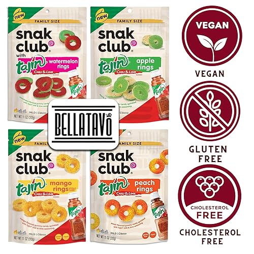 Miniatura 7 de Paquete de anillos de goma veganos Incluye cuatro bolsas de 11 onzas de anillos de goma Snak Club Tajin más un imán de nevera BELLATAVO Uno de cada