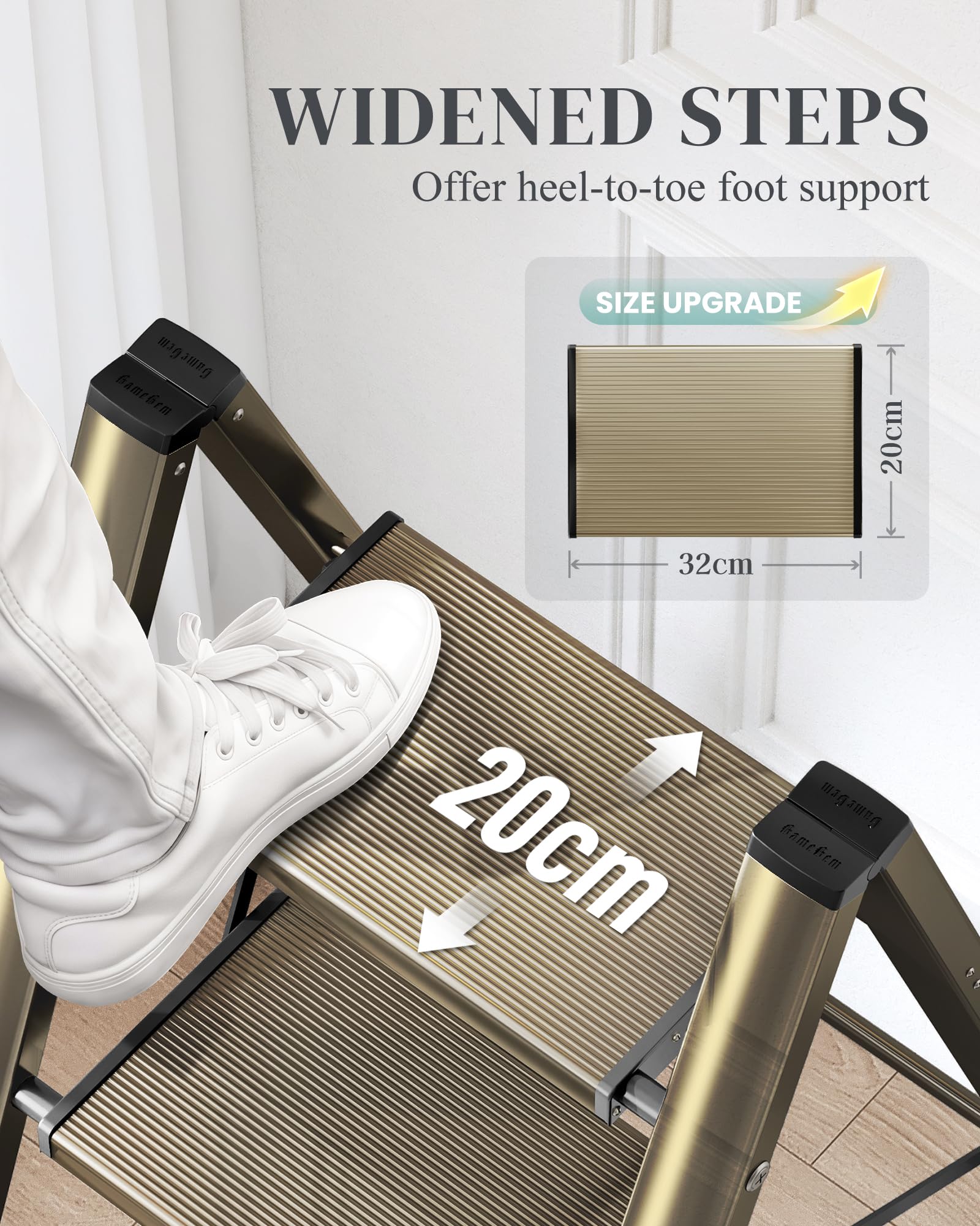 GameGem 3 Step Ladder, Folding Step Stool With Anti-Slip Wide Pedal, Aluminum Material Lightweight Yet Sturdy, 150 KG Load, Cute Modern Apperance For Indoor Household Spaces, Cream Chocolate