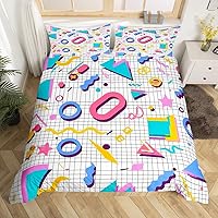 Vista 9 de Juego de funda de edredón estilo Memphis, tamaño matrimonial, diseño abstracto colorido con puntos funky para niños y niñas, funda de edredón