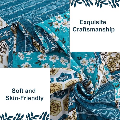 Vista 52 de Mybedsoul - Juego de edredón floral a cuadros color azul aguamarina de 3 piezas tamaño King, bohemio, de microfibra ligera, para todas