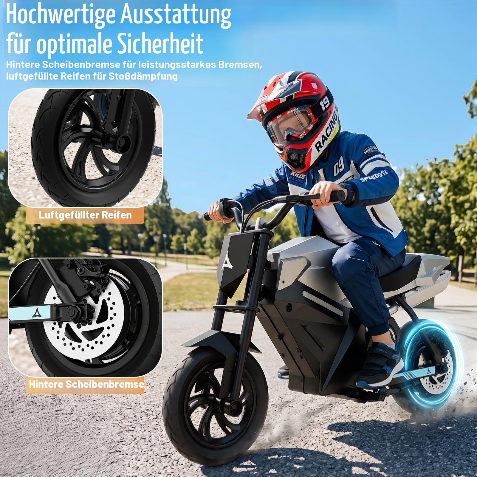 Elektrisches Motorrad für Kinder, 350 W, Elektromotorrad mit 3 Geschwindigkeitsstufen, aufblasbare Reifen 12,5 Zoll, Lithium-Akku 21,6 V, 4 Ah, Reichweite bis zu 16 km, für Kinder ab 6 Jahren