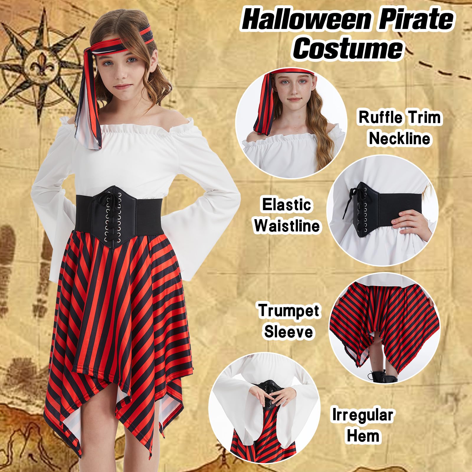 AJGEGJE Pirate Costume, Fashion Pirate Dress with Top Skirt Corset & Headband, for Carnival Halloween Fancy Dress (White, 120) - Image 3
