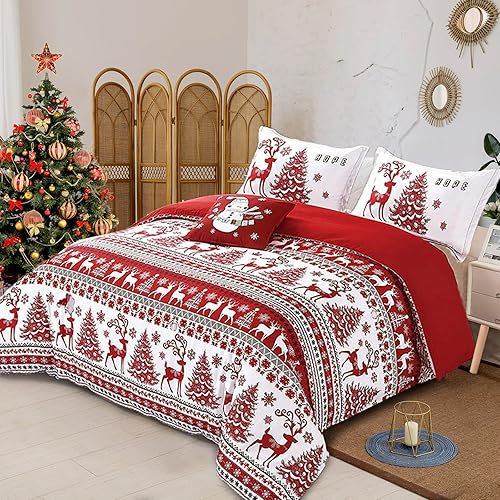Miniatura 2 de WONGS BEDDING Juego de funda de edredón de Navidad, tamaño King, 3 piezas, estampado de copos de nieve, ciervos rojos, con cierre de cremallera,