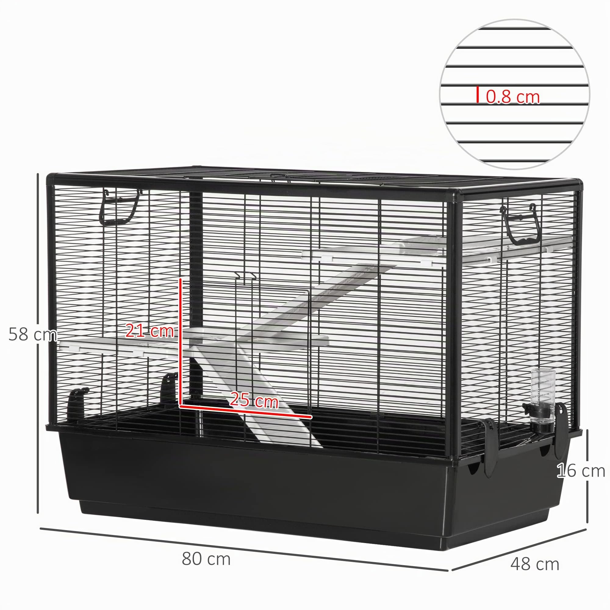 PawHut Gabbia per Porcellino d'India e Criceti con Maniglia 80x48x58cm Nera | Serbatoio d'Acqua, Rampa, Piatto per Cibo