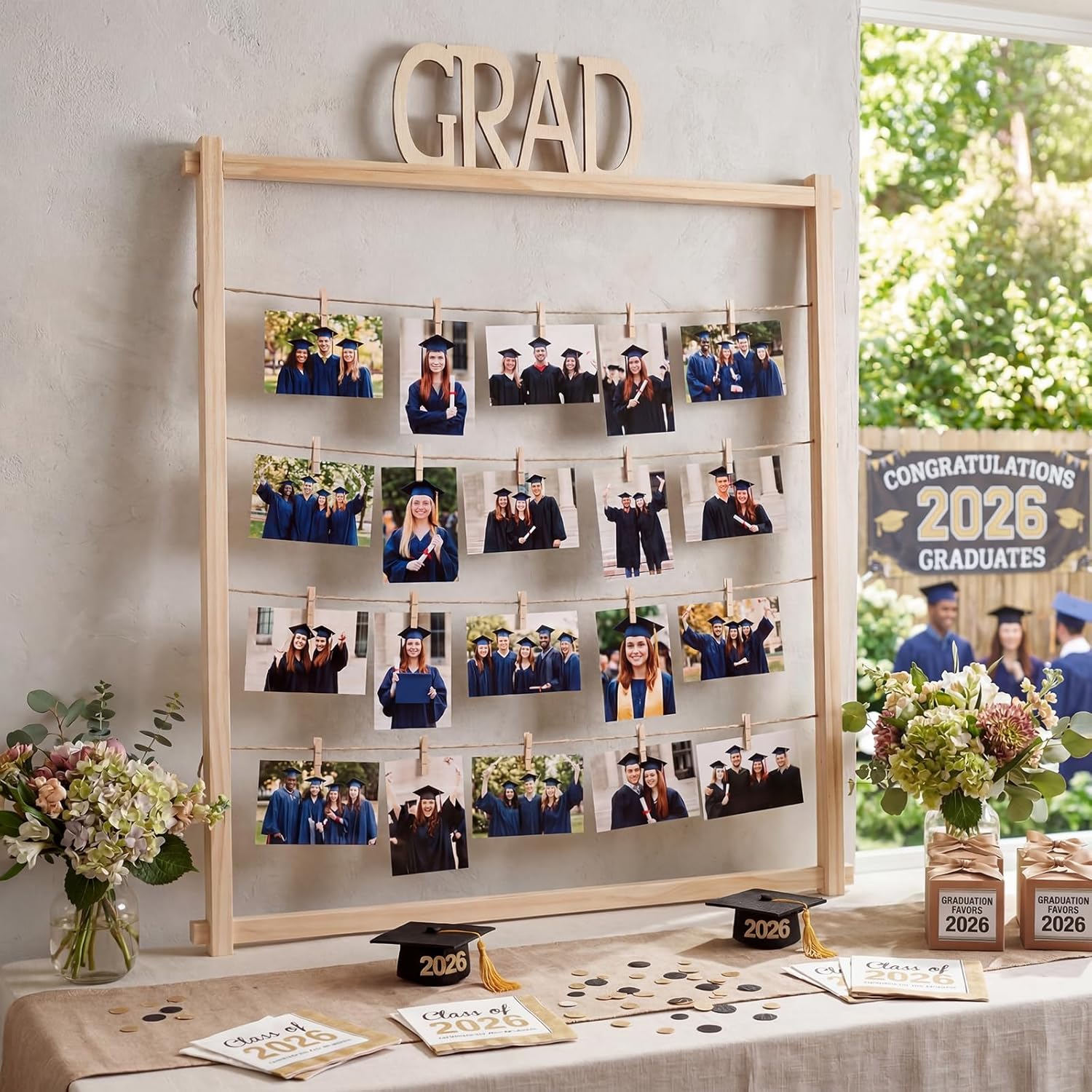 Cinnvoice Graduation Wooden Photo Display Board 30.4 x 26.5 Inch Grad Pictures Display Frame with 24 Clips Large Pictures Board for Graduation Party Hanging Photos Postcards Greeting Cards