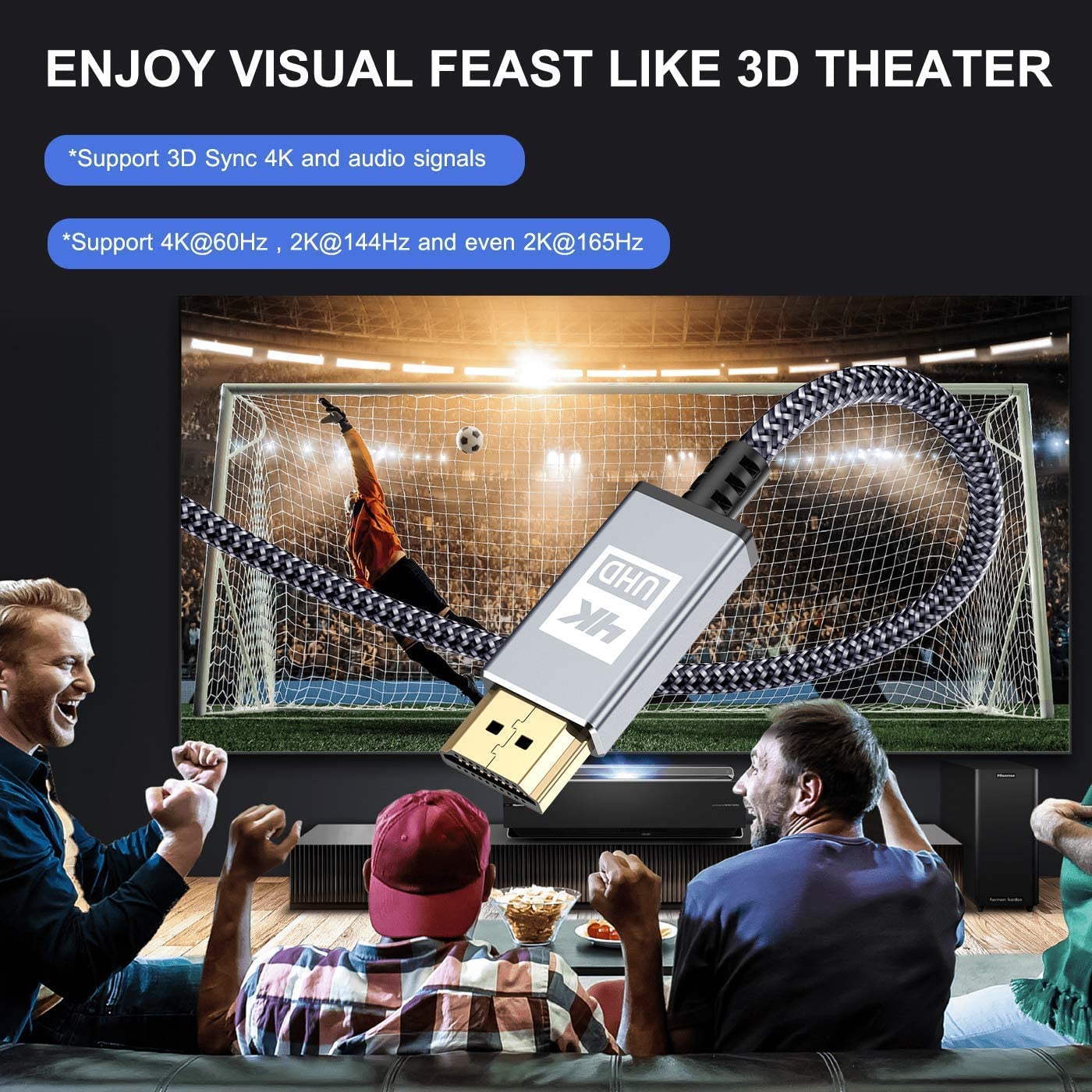Cavo HDMI 4K 20 m a 60 Hz 18 Gbps Ad Alta Velocità 2.0, Nylon Intrecciato, Connettori Dorati, Ethernet/Audio, Compatibile Con Video UHD 2160p, HD1080p - Grigio