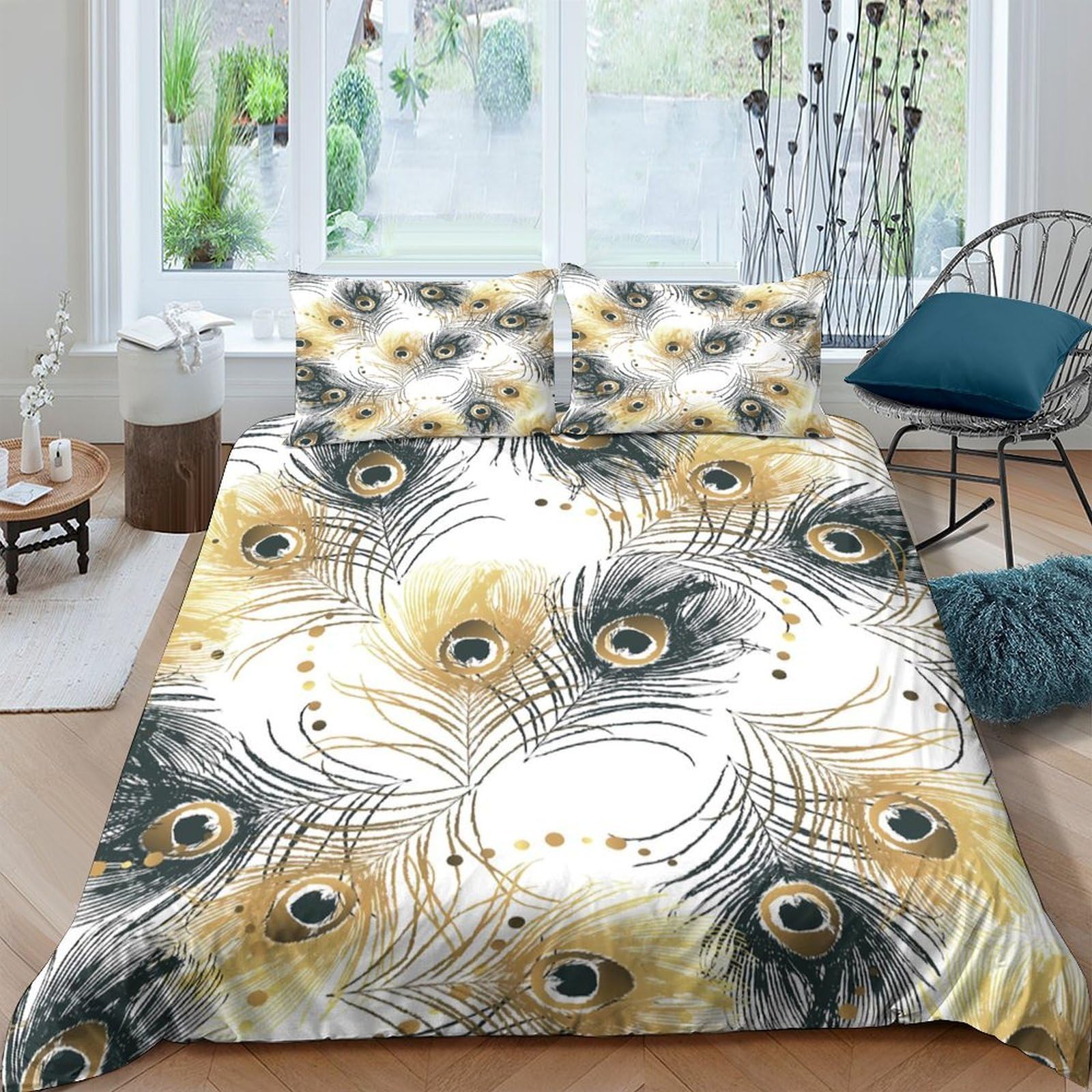 Ctjqhvkz Style-2 3D Printed Golden Peacock Feather Fitted Sheet Microfiber Soft Bed Cover For Bedroom Guest Room Mattress Decor Single（135X200cm）
