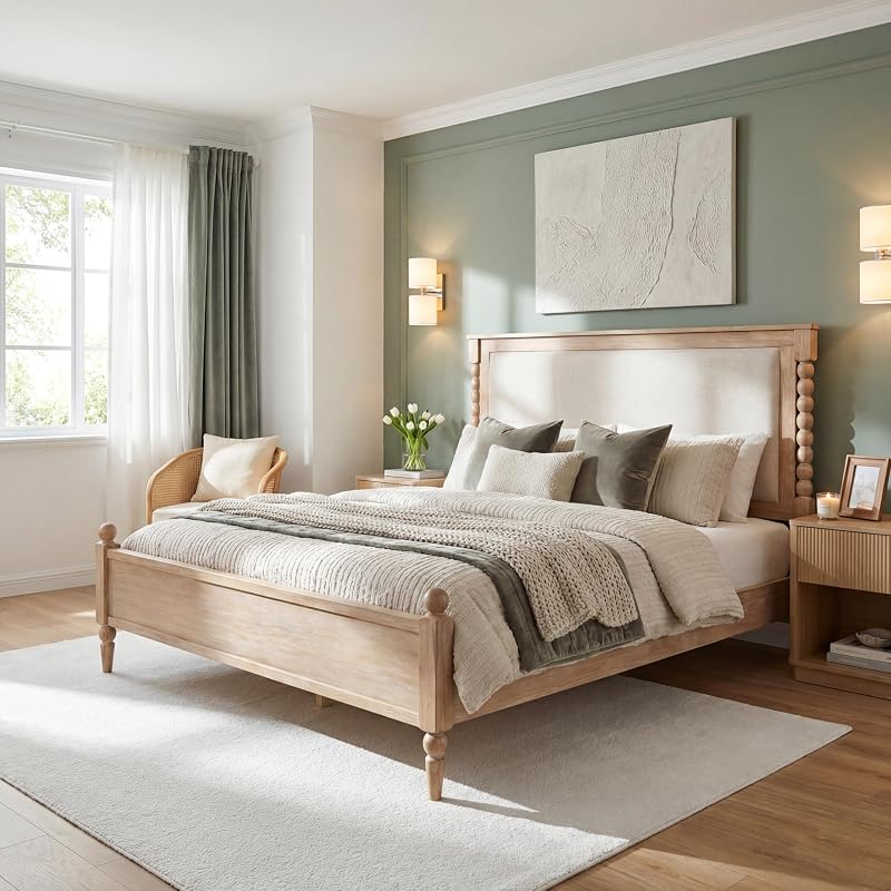 Merax Queen Size Solid Wood Platform Bed Frame, Upholstered Headboard & Classic Spindle & with Fabric Panel, No Box Spring Needed, 500 lbs Capacity Timeless Traditional for Bedroom, Natural image 4