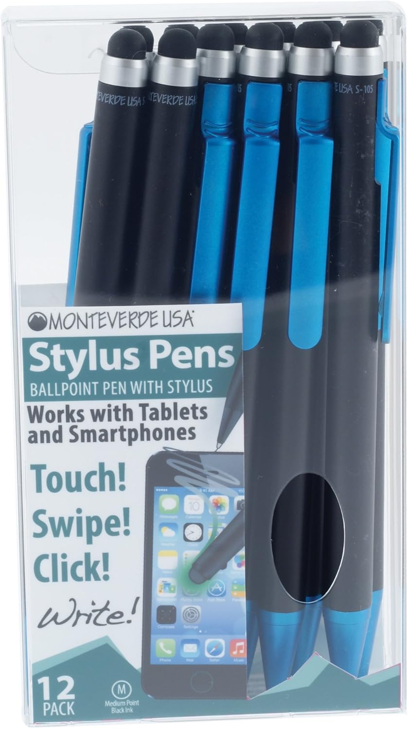 Monteverde S-105 Clip Action One-Touch Ballpoint Pen with Stylus, 12/Pack, Turquoise (MV36154)