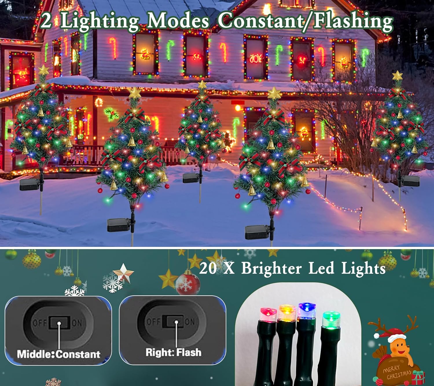 2 Set Solar Christmas Tree Lights Decorations Outdoor Waterproof, 40 LED Lights Christmas Solar Stake Lights Cemetery Christmas Tree for Grave Pathway Outside Garden Yard Lawn