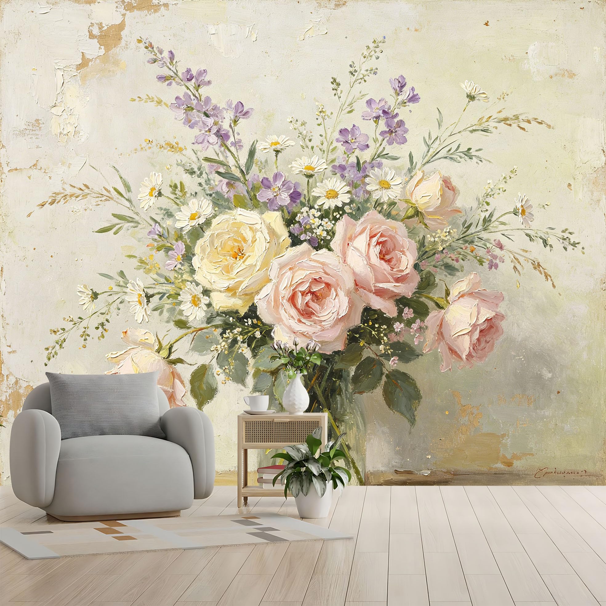 Bukiet kwiatów w stylu vintage, obraz ścienny, botaniczne kwiaty, tapeta z włókniny, elegancki francuski dom wiejski, okładzina ścienna, 371 x 280 cm, kremowy, beżowy, akcentująca dekoracja ścienna do