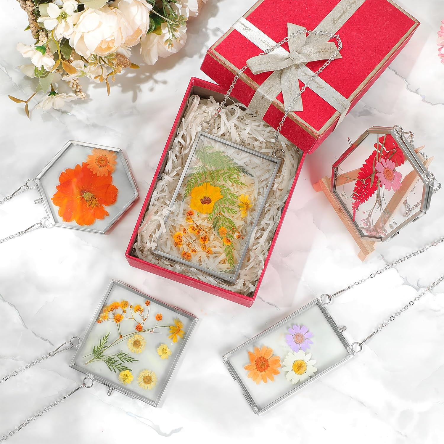 BBTO 10 Pcs Glass Frame for Pressed Flowers 5 Different Shapes Brass Hanging Picture Frame with Chain Pressed Flower Glass Photo Frames for Artwork Frame Home Wall Decor Plant Specimen (Silver)