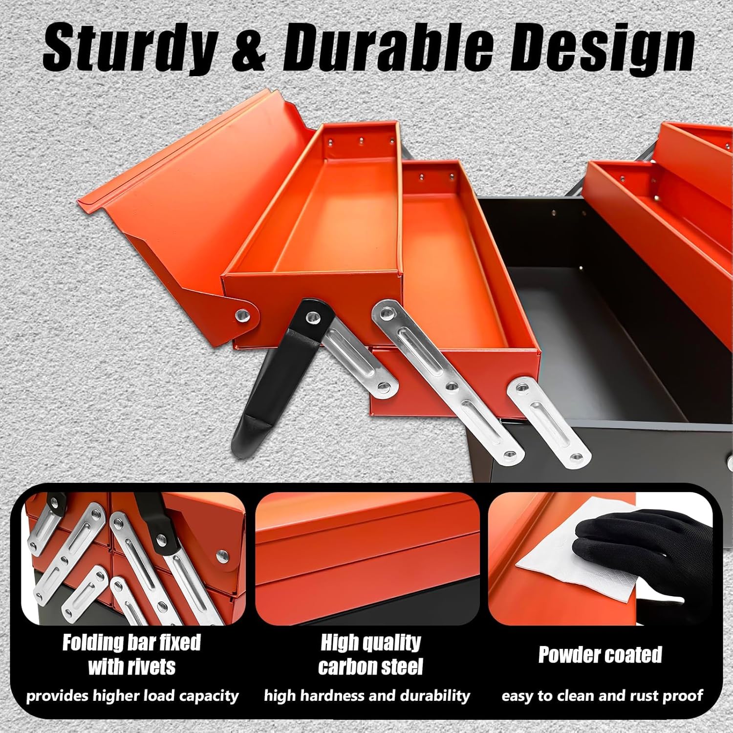 Metal Cantilever Tool Box, 18" * 8" * 8" Fold Out Tool Organizer with 3 Layers & 5 Trays, Portable Storage for Home, Studio, Auto Repair & Factory (Orange)