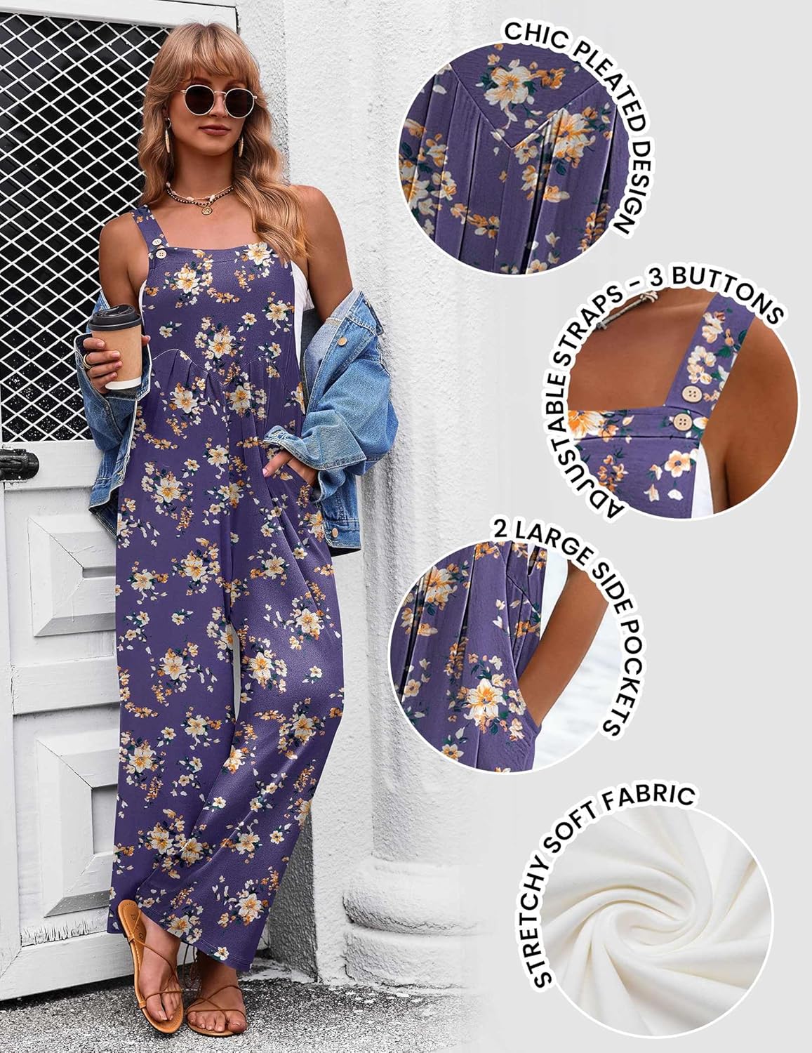 Ekouaer Women's Casual Overalls Loose Wide Leg Jumpsuits Summer Boho Floral Printed Baggy Rompers with Pockets - Image 5